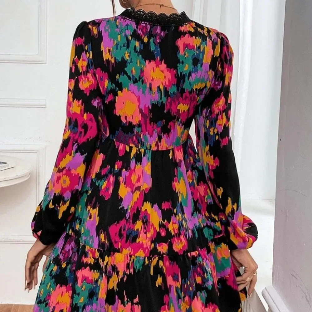 Allover Print Lace Trim Lantern Sleeve Ruffle Hem mini Dress - Picture 4 of 6